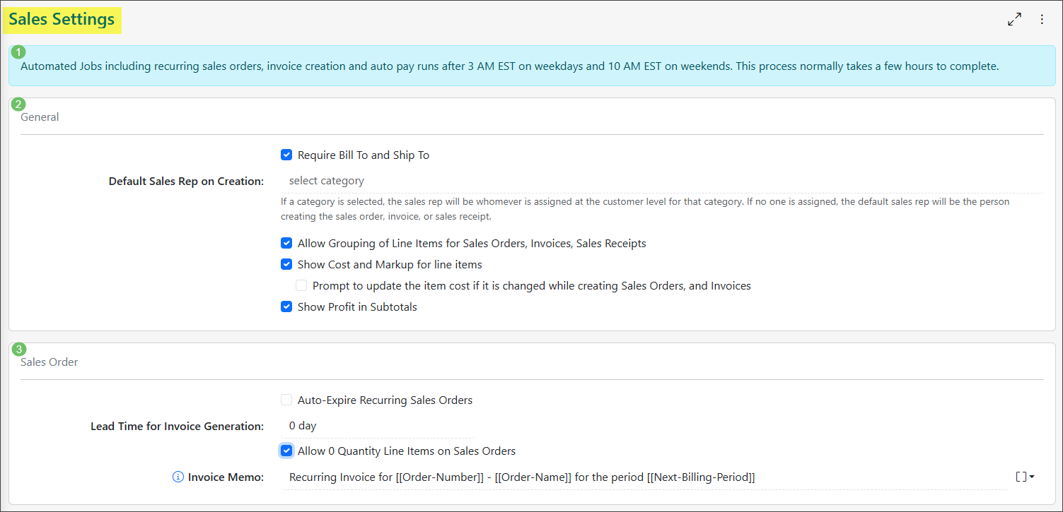 Sales Settings page in Striven highlighting the Automated Jobs notice, General Sales Settings, and Sales Order Settings