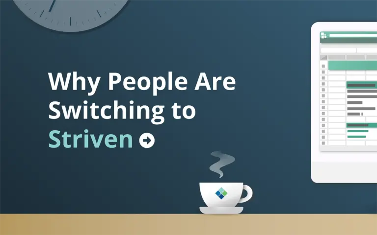 illustration of a desk with steaming coffee, desktop computer, and wall art that reads "why people are switching to Striven"