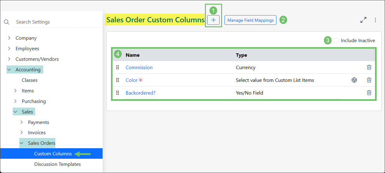 Sales Order Custom Column settings options