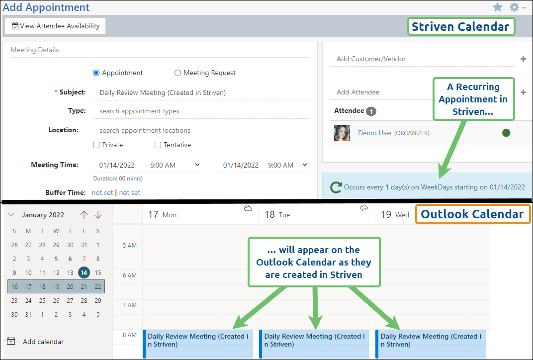 How recurring appts in Striven appear in outlook