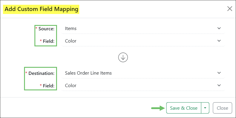 Add Custom Field Mapping popup showing the Source and Destination selection fields
