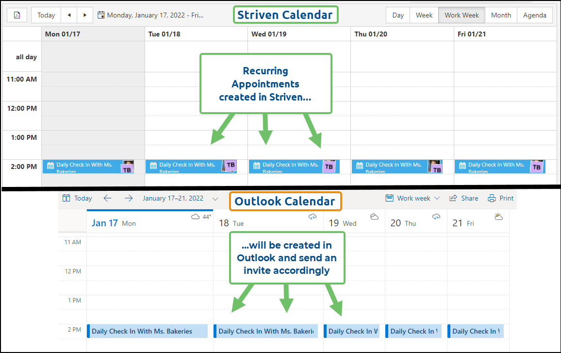 Recurring appointments in striven & outlook display