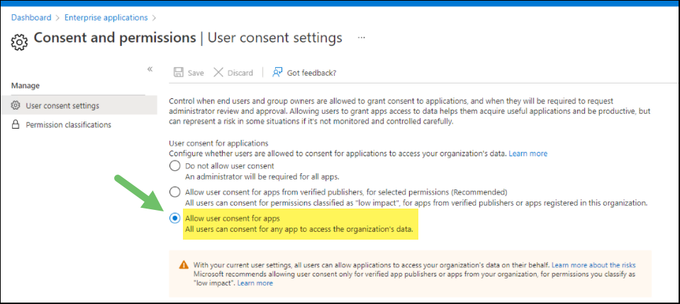 Azure Portal Setting to allow user consent