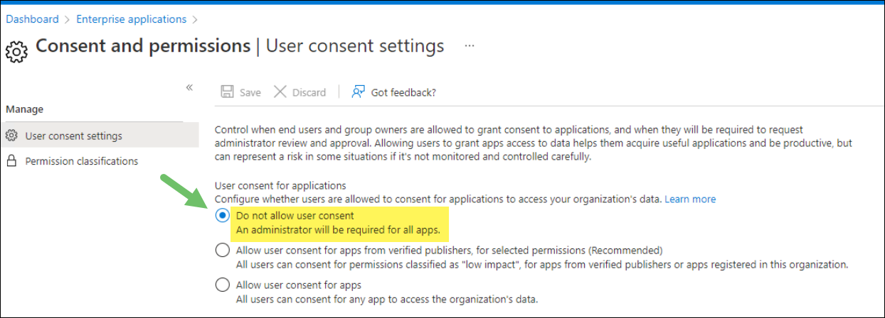 Azure Portal setting showing not to allow user consent