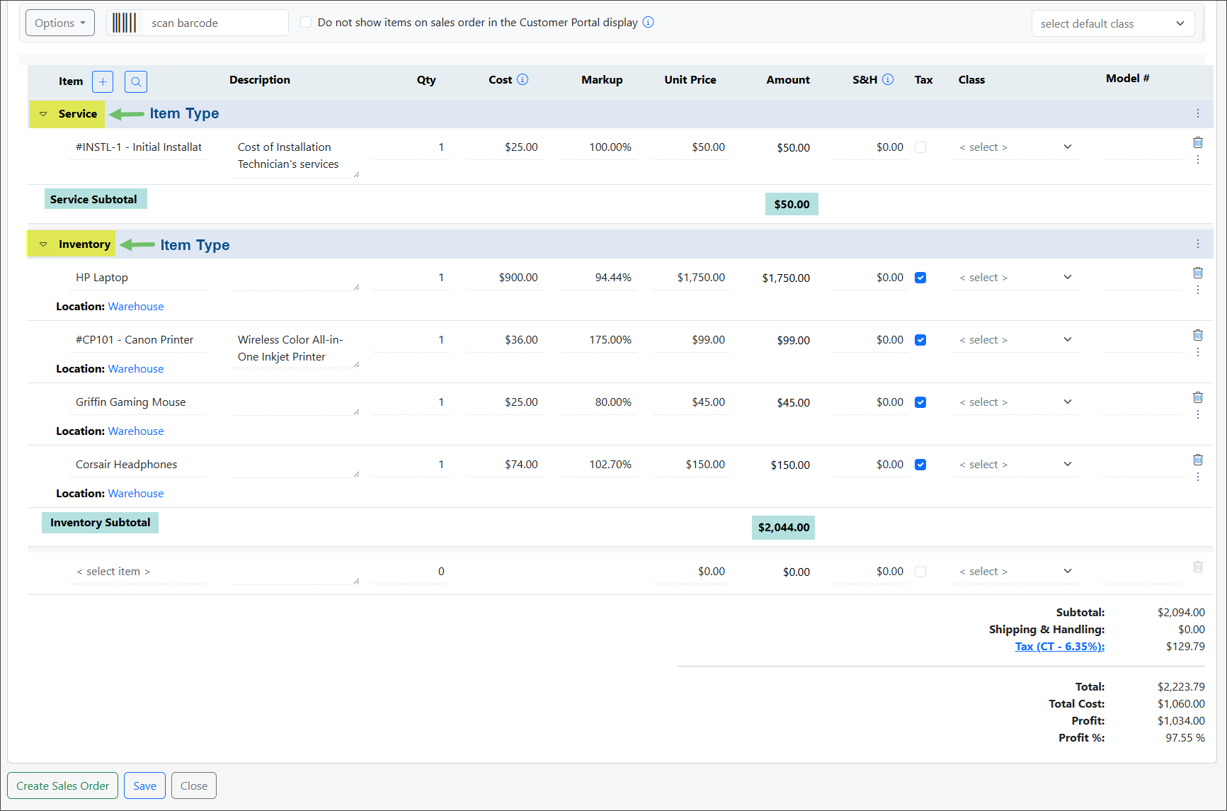Sales Order Grouped by Item Type