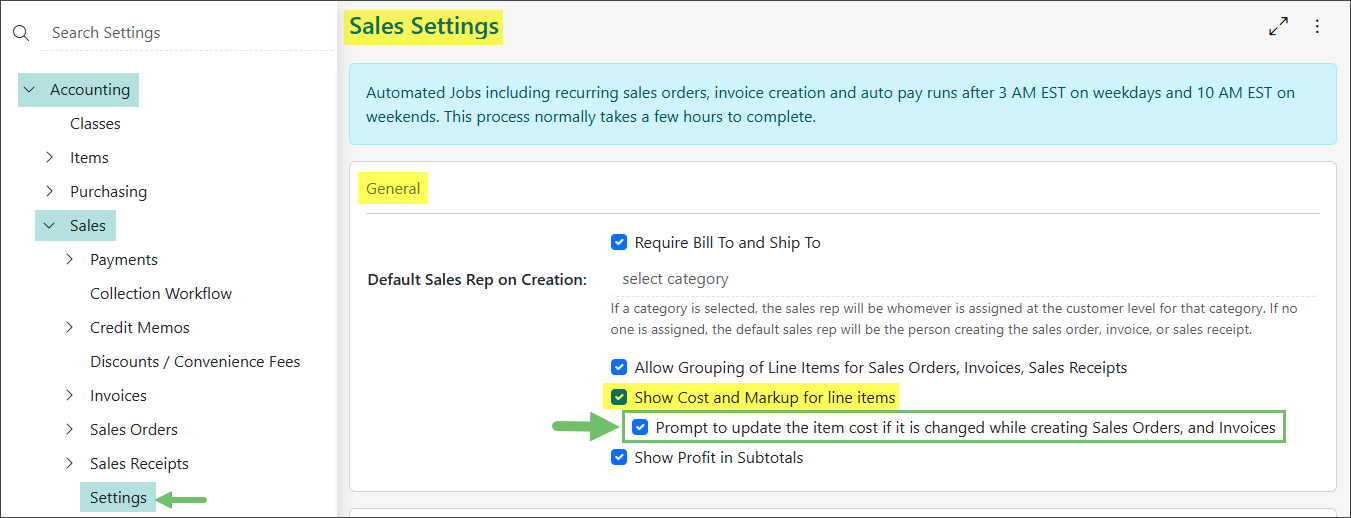 Sales Settings in Striven highlighting the setting to Show Cost and Markup for Line Items