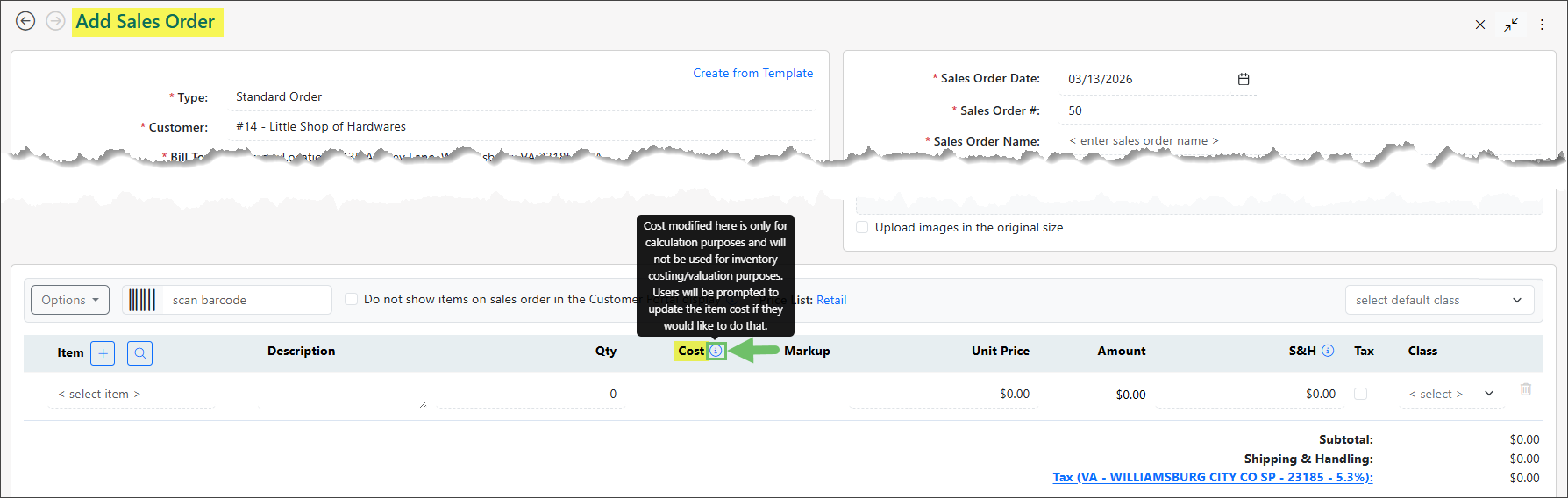Example of a tooltip on a Sales Order in Striven for the Cost column settings