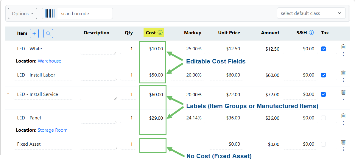 Examples of different cost fields depending on the Item Type