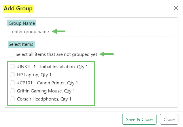 Example of Custom Item Grouping on a Sales Order