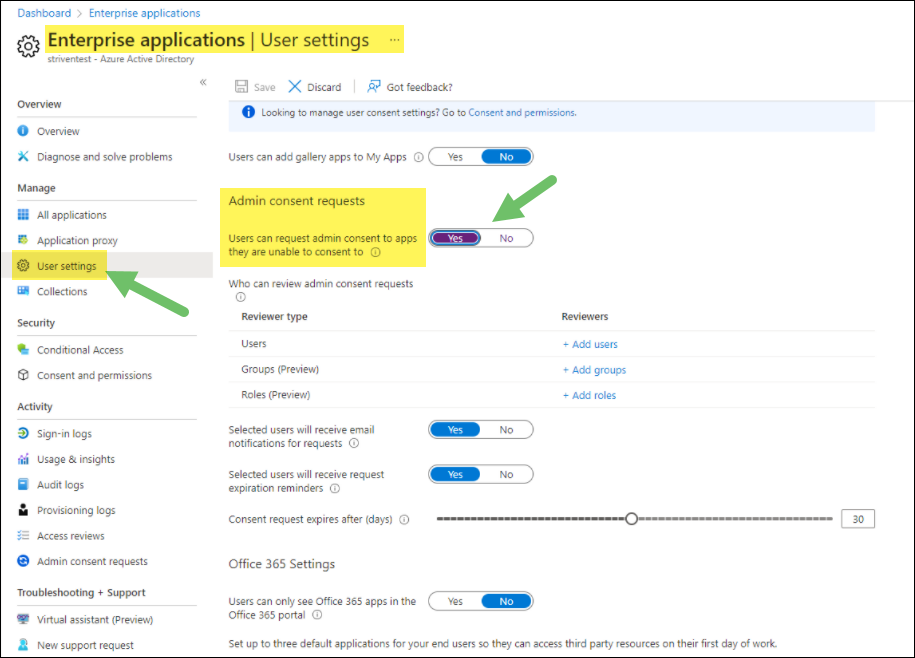 Admin Consent request settings in Azure Portal