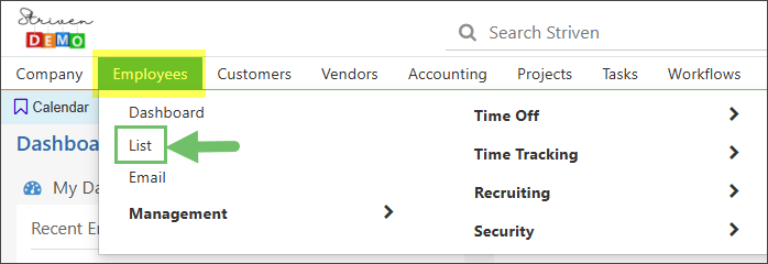 Employees List option displayed on the Employees menu in Striven