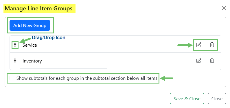 Example of the Manage Groups Options