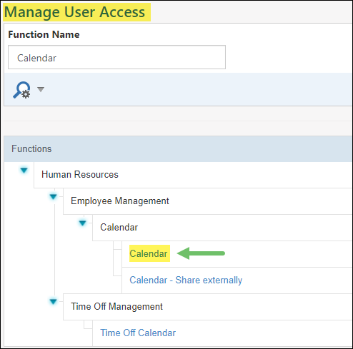 Manage user access page showing Calendar Permission