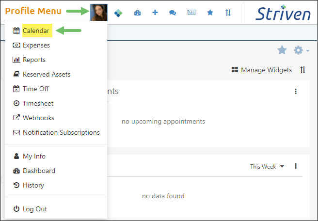 Profile Menu highlighting the Calendar option
