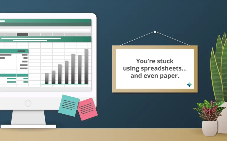 illustration of a computer with spreadsheets and a sign saying "you're stuck using spreadsheets...and even paper."