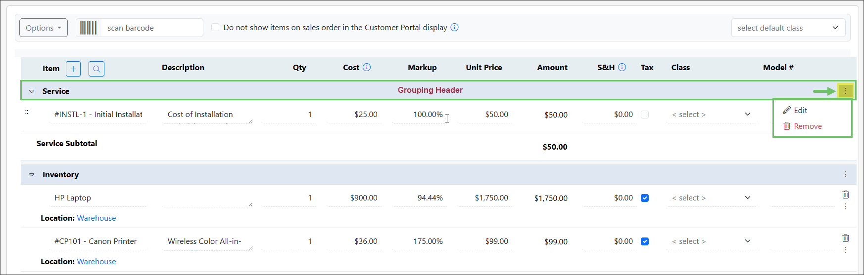 Grouping Header Kebab Menu