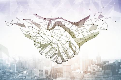 illustration of two shaking hands with city skyline