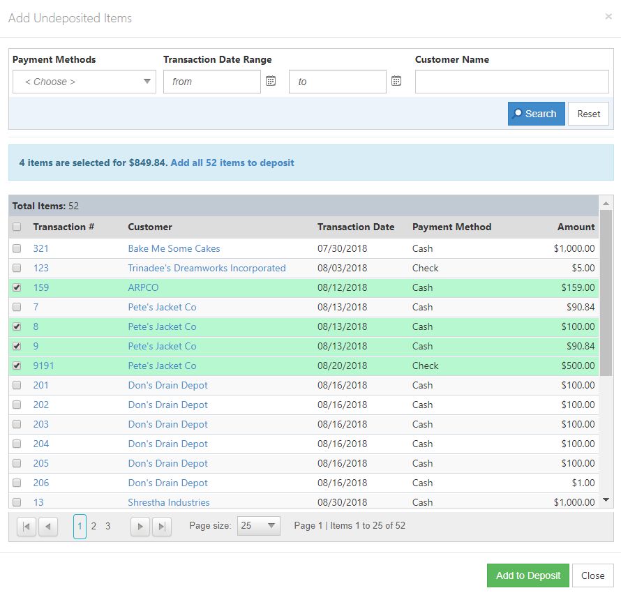 Example of Adding Undeposited Funds to a Deposit