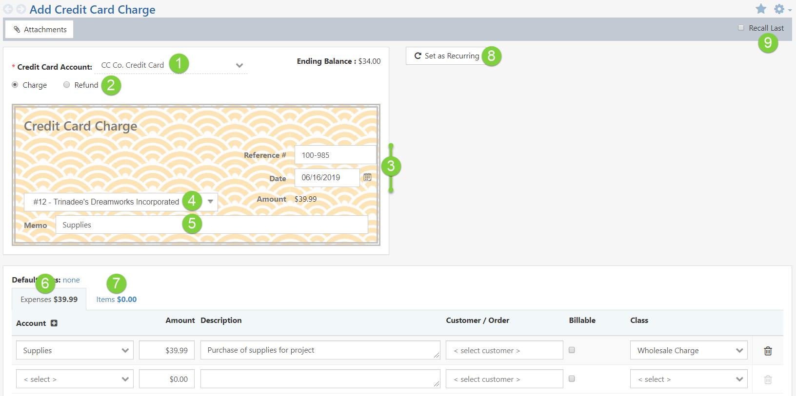 Example of Adding a Credit Card Charge