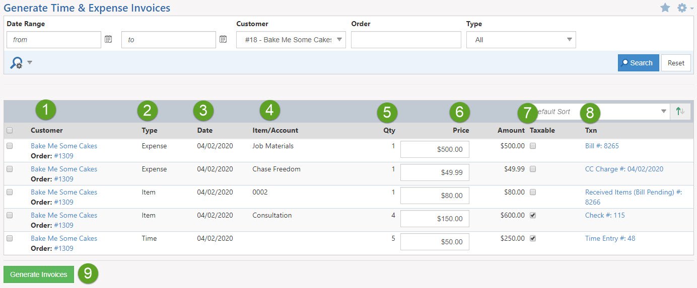Example of Generate T&E Invoices Page