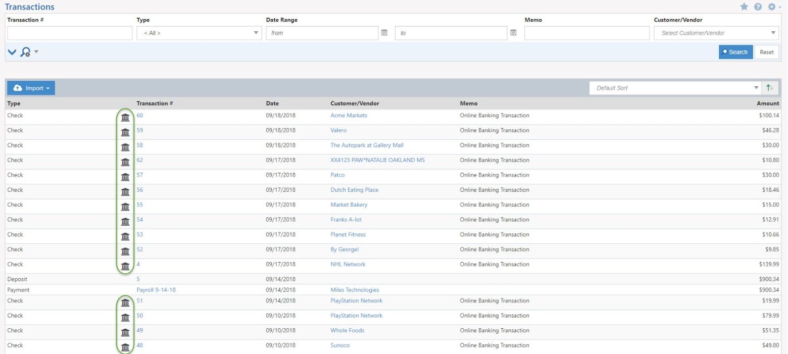 Example of Online Banking Transactions in List