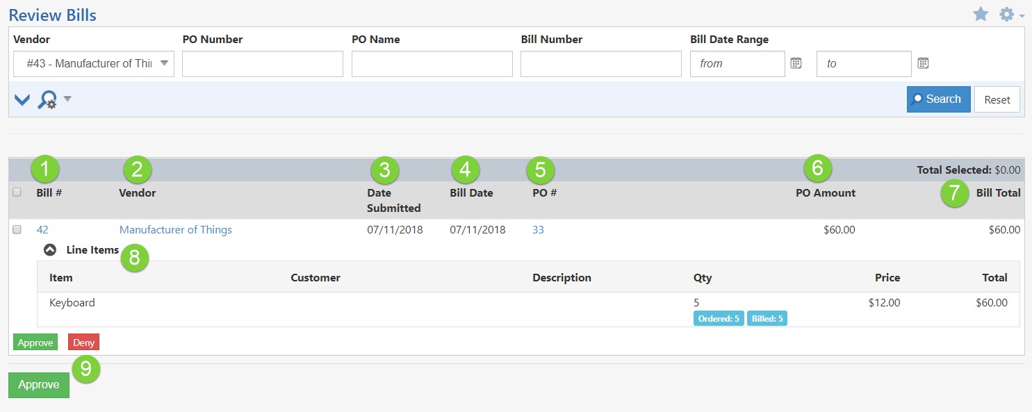 Example of the Pending Bills Queue