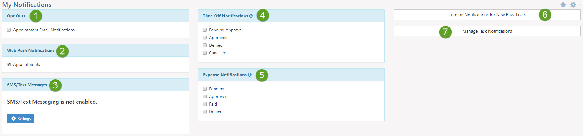 My Notifications Page showing options for opt outs, web push notifications, sms/text messages, time off notifications, expense notifications, new buzz posts, and manage task notifications option