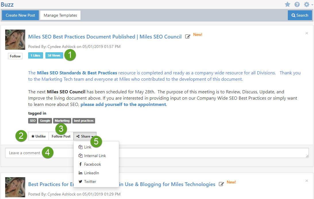 Buzz post showing options to create new post, manage templates, search buzz, with title of post, views & likes, option to follow, leave a comment, and share
