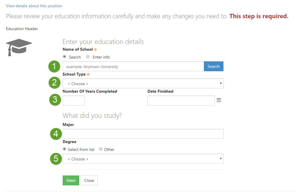 candidate education page in striven career portal