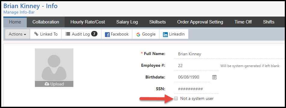 non system user option on striven employee page