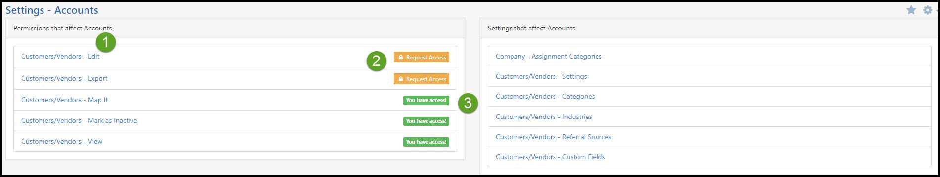 settings to request access page in striven