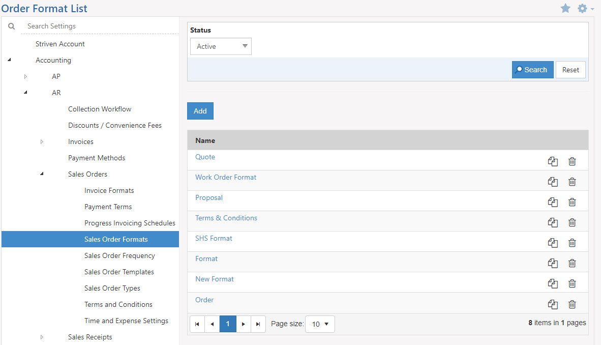 sales order formats list view