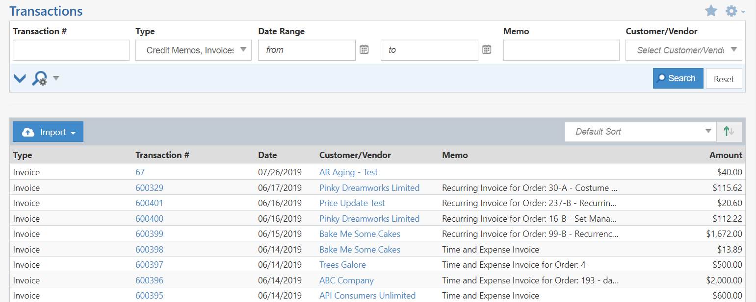 List of transactions filtered to only show invoices and credit memos