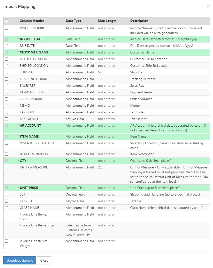 invoice import mapping