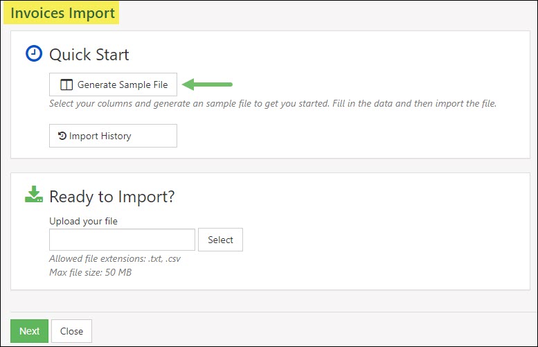 Import feature for invoices with a max file size of 50 MB