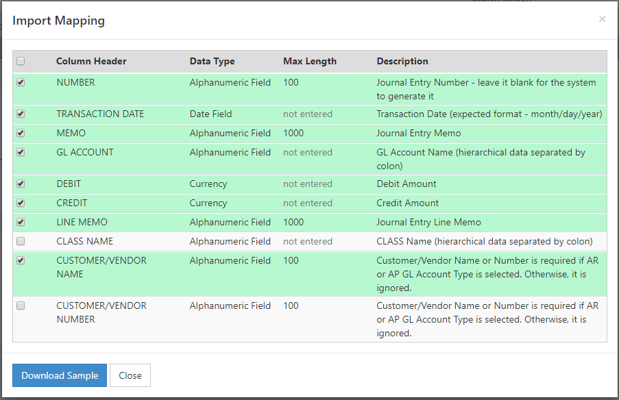 journal entry import mapping