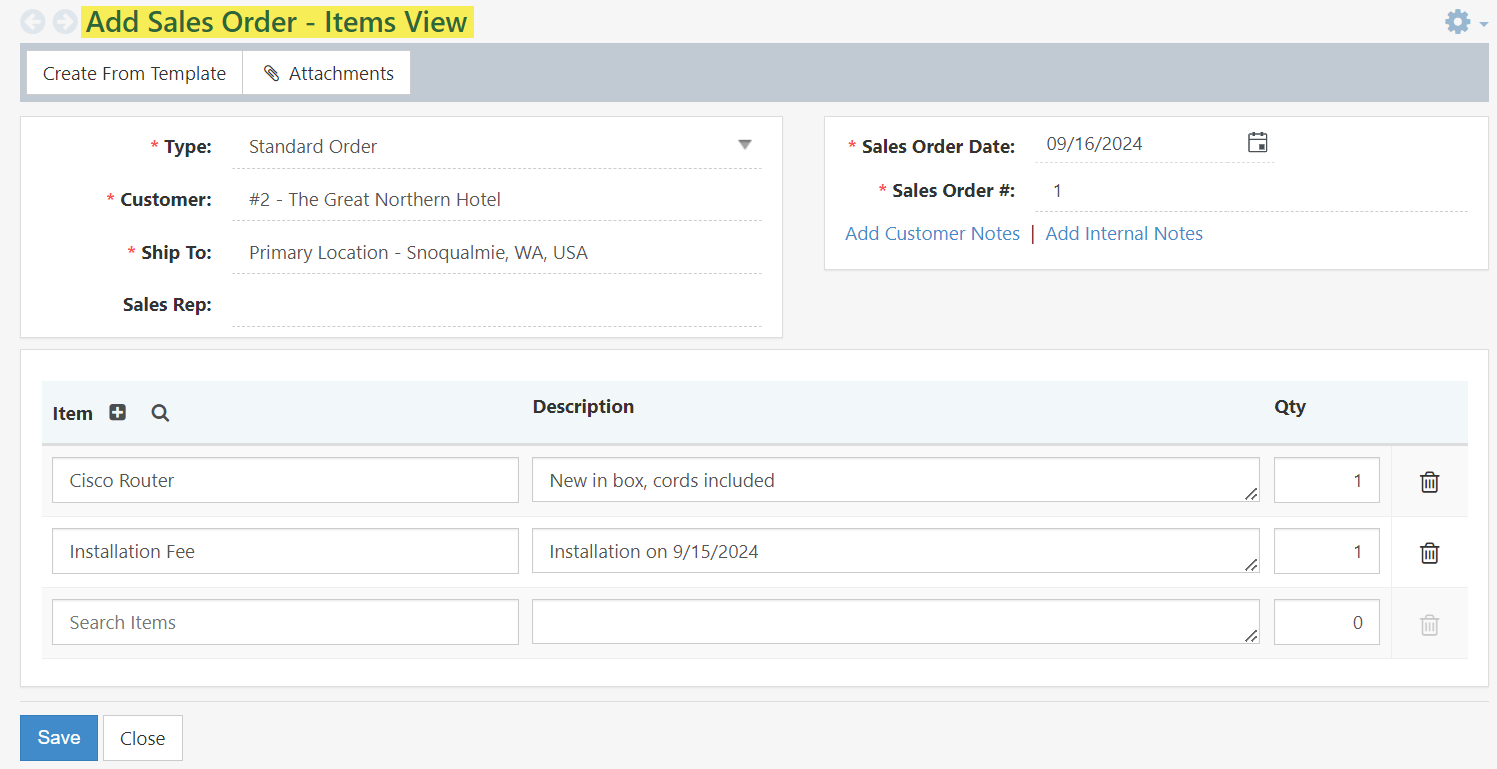 Example of a Sales Order in the Only Items View