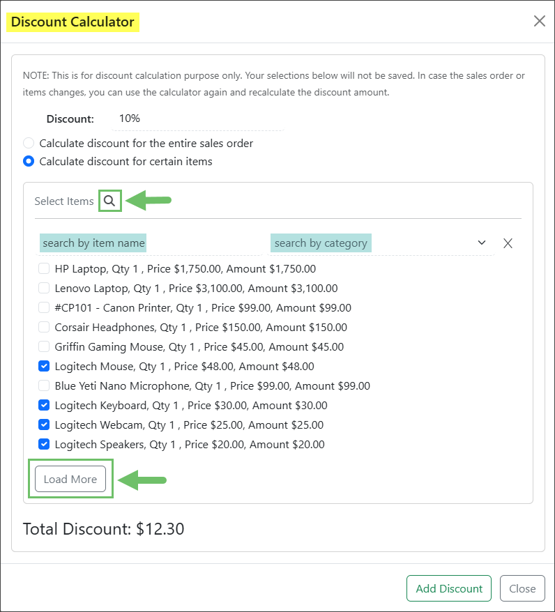 Load More Option & Search Items Options for Calculating Discounts for Certain Items