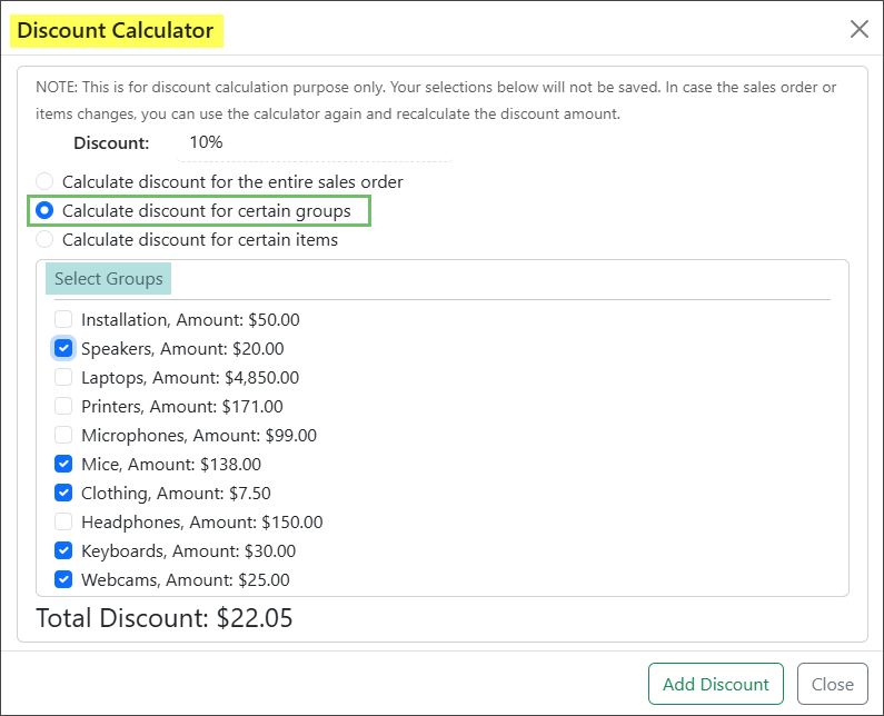 Example of the Calculate discount for certain groups option highlighted on the Discount Calculator popup with various items selected