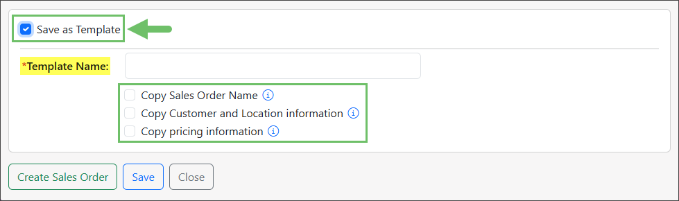 Save as Template Option on an Add Sales Order Page