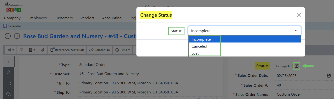 Incomplete Sales Order Status Options