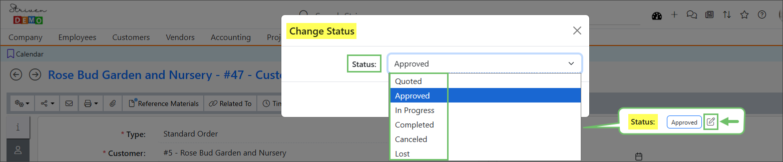Created Sales Order Status Options