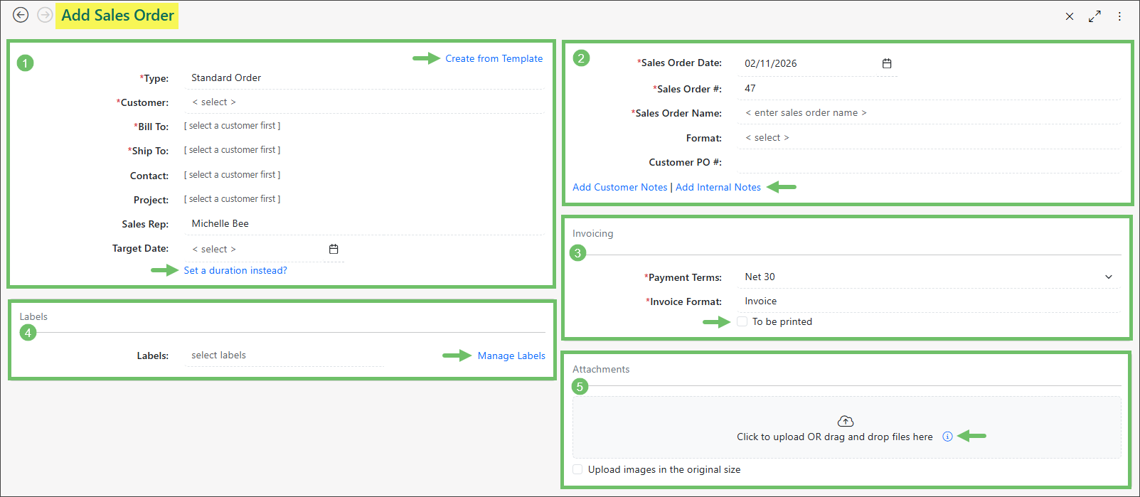 Adding a Standard Sales Order in Striven highlighting Customer information, Order information, Invoicing, Labels and Attachments