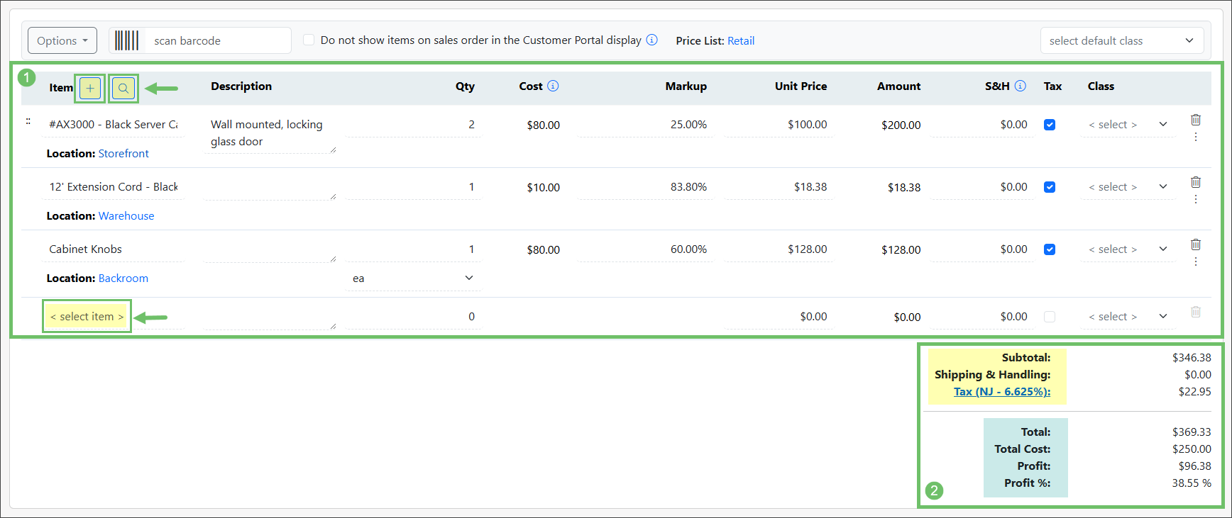 Example of the Items Section and Totals Section of a Sales Order.