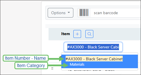 Example of Item in Items List of a Sales Order showing the Item Number-Name and Item Category.
