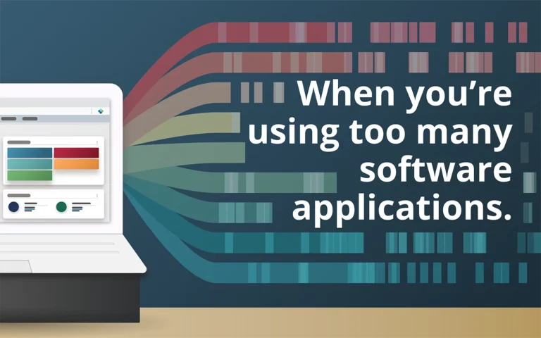illustration with a laptop using a software application and wall art that reads "when you're using too many software applications"