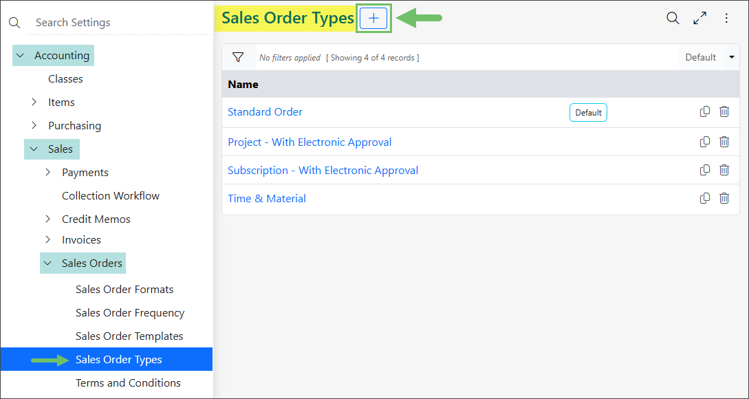 Sales Order Types setting page highlighting the Add button