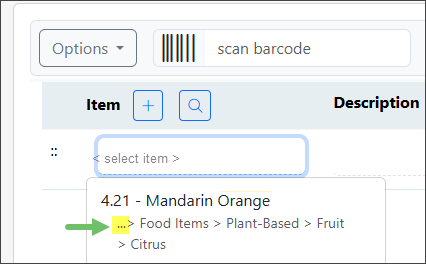 Example of the Category Ellipsis on the Items Drop-Down List on a Sales Order