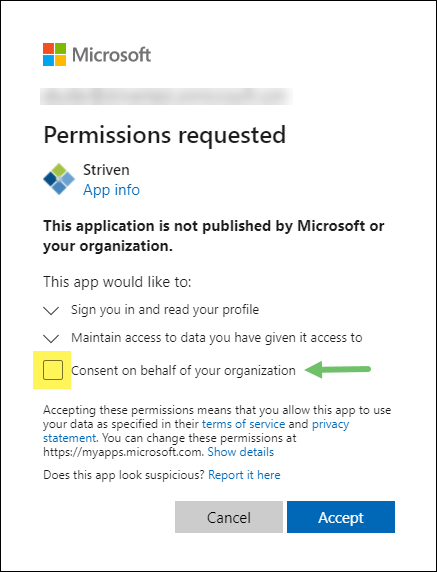 Microsoft Permission request to consent on behalf of your organization