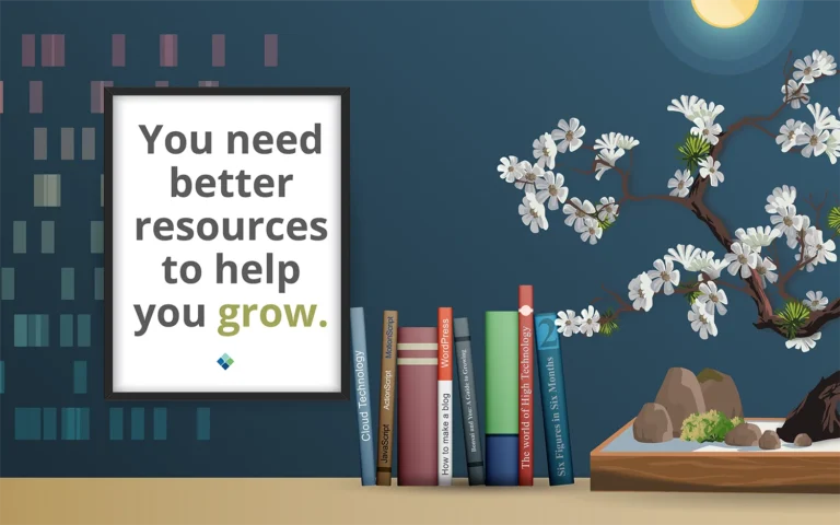 illustration of a sign that says "you need better resources to help you grow", books on a desk, and a bonsai cherry tree
